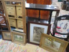 A RECTANGULAR MIRROR TOGETHER WITH A VICTORIAN OAK FRAMED PRINT, WATERCOLOUR ETC (5)