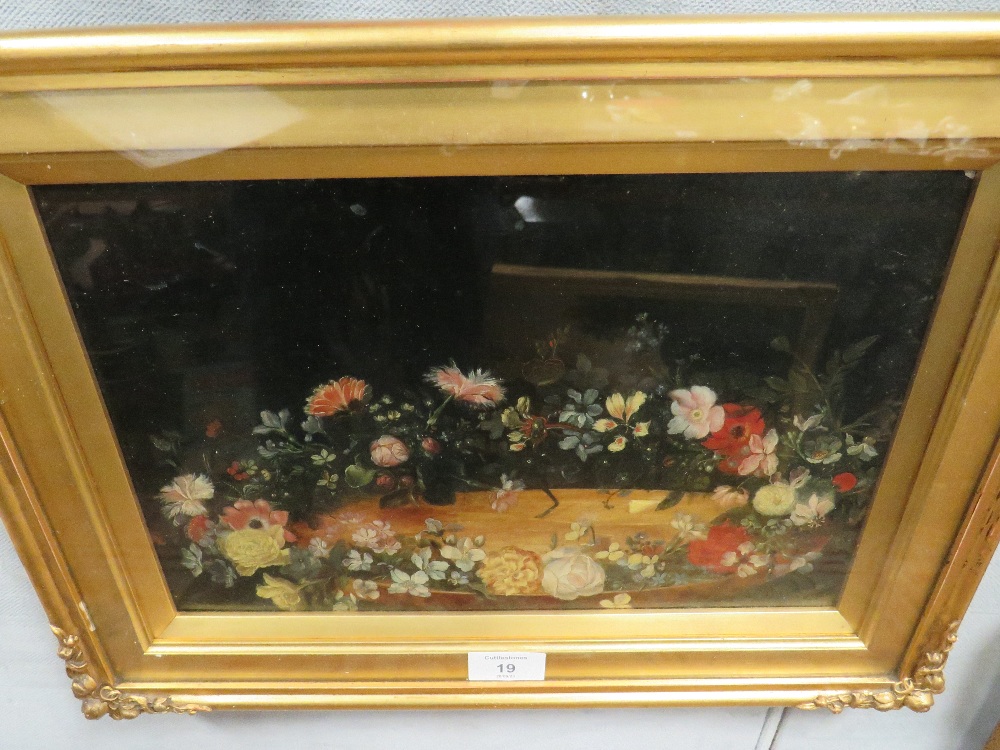 A GILT FRAMED AND GLAZED STILL LIFE STUDY OF A FLORAL ADORNED BOWL