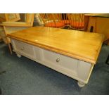 A VINTAGE PAINTED PINE COFFEE TABLE WITH TWO DRAWERS - W 138 cm