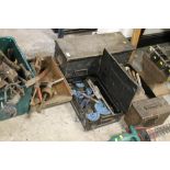 A SELECTION OF TOOLS AND TOOL BOXES WITH CONTENTS TO INCLUDE AN ANVIL AND WEIGHTS