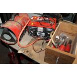 A PROPANE SPACE HEATER, A 15 AMP 12 / 24V VEHICLE BATTERY SUPERCHARGER AND THREE CLARKE AIR TOOLS