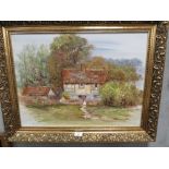 A GILT FRAMED OIL ON CANVAS OF A COUNTRY COTTAGE SCENE SIGNED LOWER RIGHT "S DAUGHTERS "