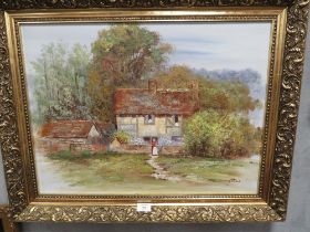 A GILT FRAMED OIL ON CANVAS OF A COUNTRY COTTAGE SCENE SIGNED LOWER RIGHT "S DAUGHTERS "