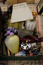 TWO TRAYS OF SUNDRIES TO INCLUDE LAMPS, VASES ETC