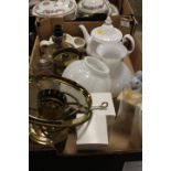 A TRAY OF SUNDRIES TO INCLUDE CONVERTED OIL LAMPS AND SHADES