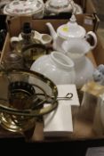 A TRAY OF SUNDRIES TO INCLUDE CONVERTED OIL LAMPS AND SHADES