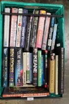 A TRAY OF ASSORTED HARD BACK BOOKS TOGETHER WITH A LION SOFT TOY