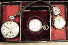 AN ANTIQUE JEWELLERY BOX AND WATCHES