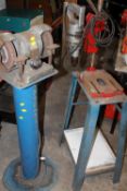 A PILLAR DRILL AND FLOOR STAND TOGETHER WITH A BENCH GRINDER AND FLOOR STAND