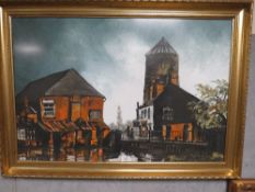 A FRAMED AND GLAZED IMPRESSIONIST OIL ON BOARD OF THE WINDMILL AT BROADEYE IN STAFFORD SIGNED