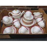 A TRAY OF MINTON SATURN PATTERN TEA WARE, TO INCLUDE TEAPOT, SUGAR, MILK, CUPS & SAUCERS, CAKE PLATE