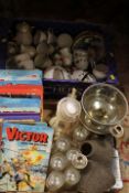TWO TRAYS OF ASSORTED CERAMICS AND GLASS TO INCLUDE A COLLECTION OF VICTOR BOOK FOR BOYS ANNUALS