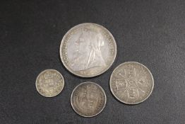 FOUR VICTORIAN SILVER COINS TO INC AN 1897 CROWN