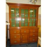 A LARGE 19TH CENTURY GLAZED OAK HOUSEKEEPERS CUPBOARD WITH SLIDING UPPER DOORS - H 228 cm, W 177