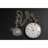 A GENTS ANTIQUE SILVER WATCH AND SILVER ALBERT CHAIN