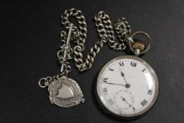 A GENTS ANTIQUE SILVER WATCH AND SILVER ALBERT CHAIN