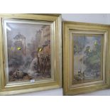 A NEAR PAIR OF GILT FRAMED WATERCOLOURS DEPICTING AN ALPINE RIVER SCENE & ANOTHER (2)