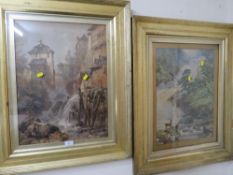 A NEAR PAIR OF GILT FRAMED WATERCOLOURS DEPICTING AN ALPINE RIVER SCENE & ANOTHER (2)