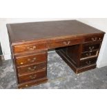 A LATE 19TH / EARLY 20TH CENTURY OAK TWIN PEDESTAL DESK, having an inset leather top above an