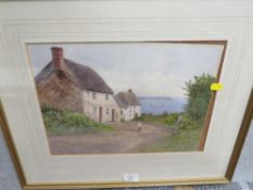 A QUANTITY OF PICTURES AND PRINTS TO INCLUDE A FRAMED AND GLAZED WATERCOLOUR OF COASTAL COTTAGES