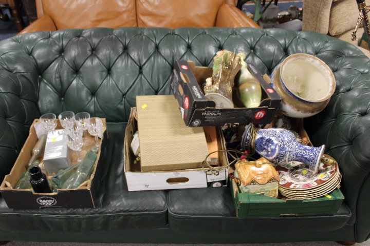 THREE TRAYS OF ASSORTED CERAMICS, GLASS AND COLLECTABLES TO INCLUDE ANTIQUE BOTTLES, CONCH SHELL,