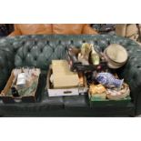 THREE TRAYS OF ASSORTED CERAMICS, GLASS AND COLLECTABLES TO INCLUDE ANTIQUE BOTTLES, CONCH SHELL,