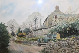MATTHEW GREENE (b.1967). Lincolnshire artist, village scene with \Land Rover 'Springtime,