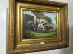 A MODERN GILT FRAMED OIL DEPICTING TWO HORSES WITH A CART