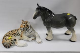 A LOMONOSOV FIGURE OF A TIGER, TOGETHER WITH A SHIRE HORSE FIGURE (2)