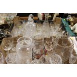 TWO TRAYS OF ASSORTED GLASSWARE TO INCLUDE A DECANTER