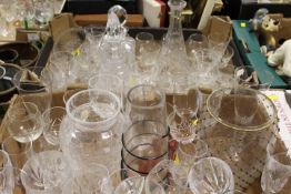 TWO TRAYS OF ASSORTED GLASSWARE TO INCLUDE A DECANTER