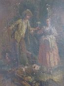 (XIX). Continental school, young man giving a young woman flowers, unsigned, oil on canvas,