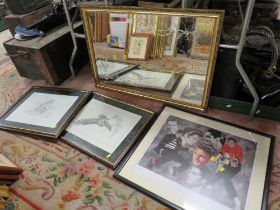 A FRAMED MODERN ETCHED MIRROR, ELVIS PRINT ETC (4)