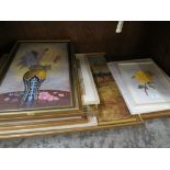A COLLECTION OF ASSORTED PRINTS TO INC FLORAL OIL ON BOARD