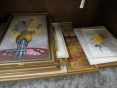 A COLLECTION OF ASSORTED PRINTS TO INC FLORAL OIL ON BOARD