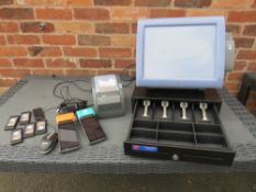 A SELECTION OF POINT OF SALE EQUIPMENT TO INCLUDE A POSLIGNE CASH TERMINAL, TWO SUNMI V2 TERMINALS
