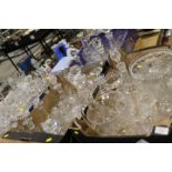 FIVE TRAYS OF CUT GLASS ETC TO INCLUDE OF A LARGE QUANTITY OF ASSORTED DECANTERS