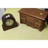 A SMALL INLAID EIGHT DAY MANTLE CLOCK TOGETHER WITH A JEWELLERY BOX IN THE FORM OF A CHEST OF