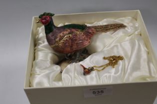 A BOXED 'HIDDEN TREASURES' ENAMEL TRINKET BOX IN THE FORM OF A PHEASANT