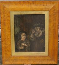 (XIX). Continental school, naive study of a man and boy, the boy with a glass jar, unsigned, oil