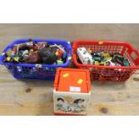 TWO BASKETS OF VINTAGE TOY CARS ETC TOGETHER WITH A FISHER PRICE JACK IN THE BOX