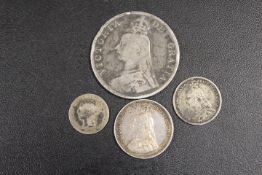 FOUR VICTORIAN SILVER COINS TO INC AN 1890 DOUBLE FLORIN