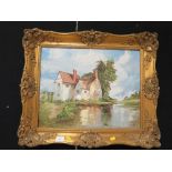 A GILT FRAMED IMPRESSIONIST OIL ON CANVAS OF A HOUSE BY A MILL POND BY JACK MOULD