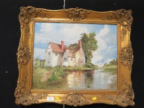 A GILT FRAMED IMPRESSIONIST OIL ON CANVAS OF A HOUSE BY A MILL POND BY JACK MOULD