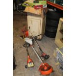 THREE PETROL STRIMMERS A/F, TO INLCUDE STIHL STRIMMERS PLUS ONE TOOL CABINET AND A BOX OF GARDEN