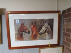 A FRAMED AND GLAZED HORSE RACING PRINT OF THE THREE KINGS