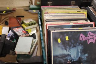 A TRAY OF VINTAGE LP RECORDS TOGETHER WITH A TRAY OF SUNDRIES TO INCLUDE SUPER 8 CASSETTES