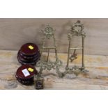 A MINIATURE CARRIAGE CLOCK TOGETHER WITH TWO ORNATE BRASS STYLE EASEL BACK PICTURE FRAMES ETC