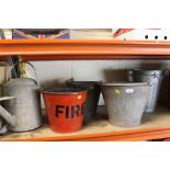 A SELECTION OF ZINC/GALVANISED BUCKETS AND A VINTAGE WATERING CAN AND A FIRE BUCKET