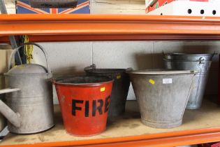 A SELECTION OF ZINC/GALVANISED BUCKETS AND A VINTAGE WATERING CAN AND A FIRE BUCKET